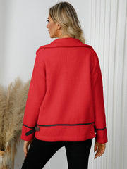 Deep Red teddy-textured jacket with leatherette trim and buckle detail