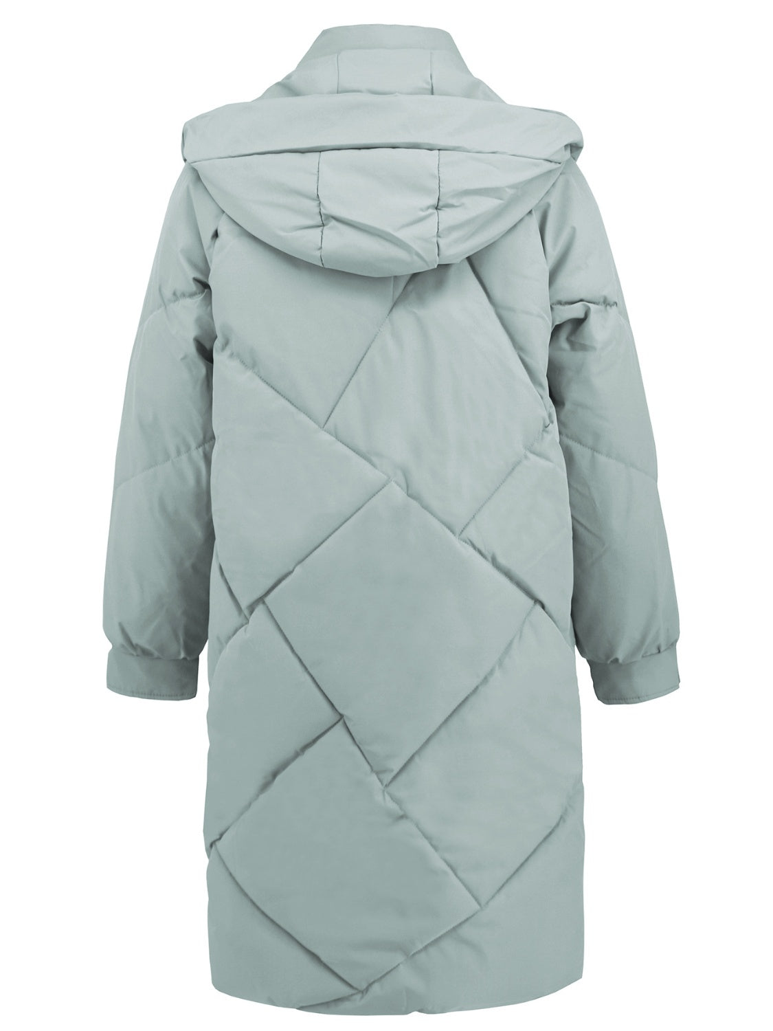 Sage diamond quilted hooded puffer coat with long sleeves and a relaxed fit.