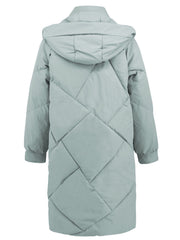 Sage diamond quilted hooded puffer coat with long sleeves and a relaxed fit.