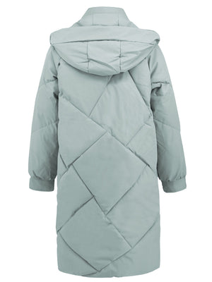 Sage diamond quilted hooded puffer coat with long sleeves and a relaxed fit.
