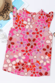 Floral embroidered yoke ruffle sleeve top in strawberry pink with a bold floral print.