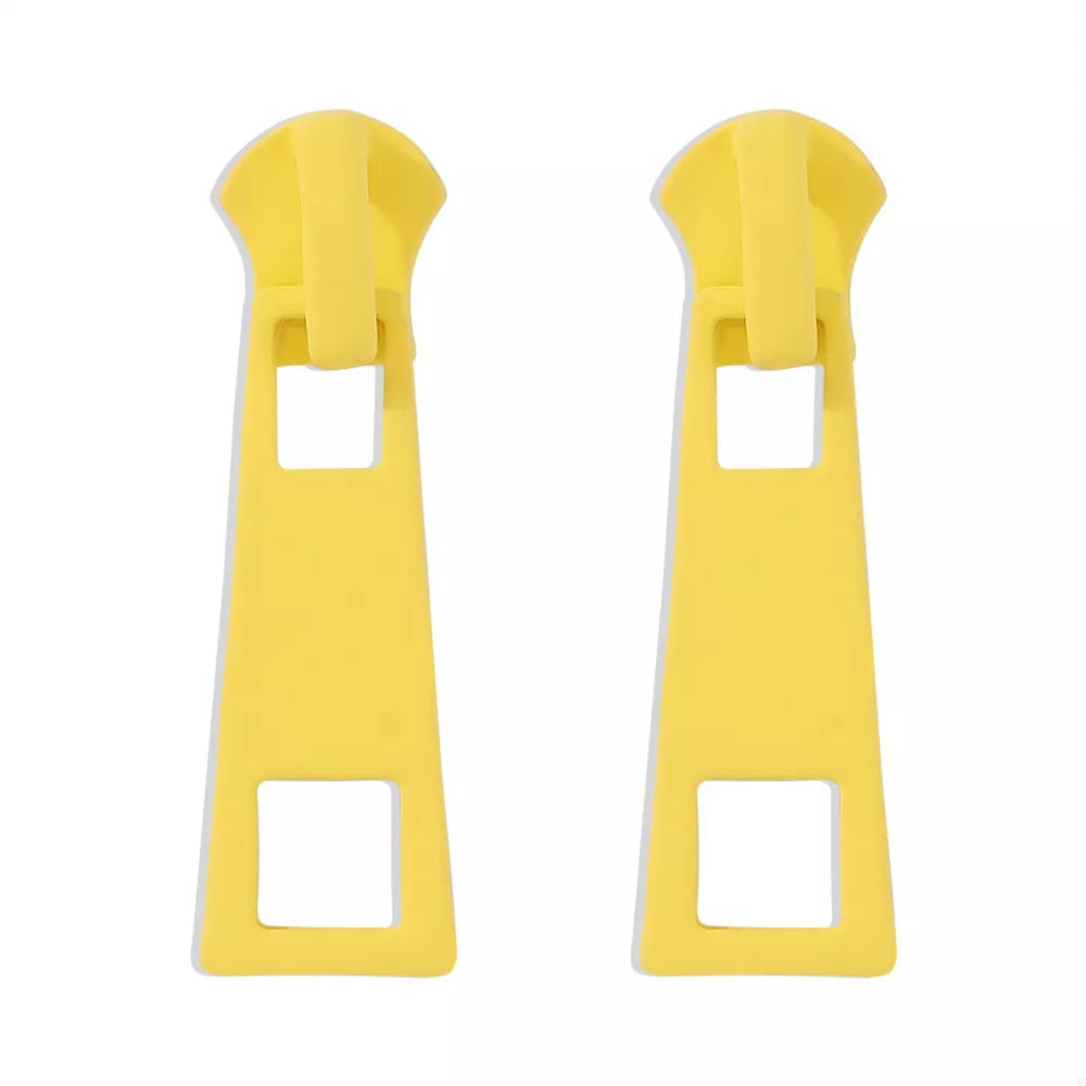 Yellow zipper drop earrings with square cutouts, alloy material.