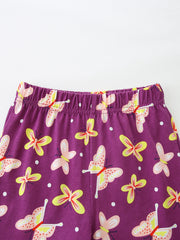 Purple cotton toddler girls' undershirt with allover butterfly print and ruffled sleeves.