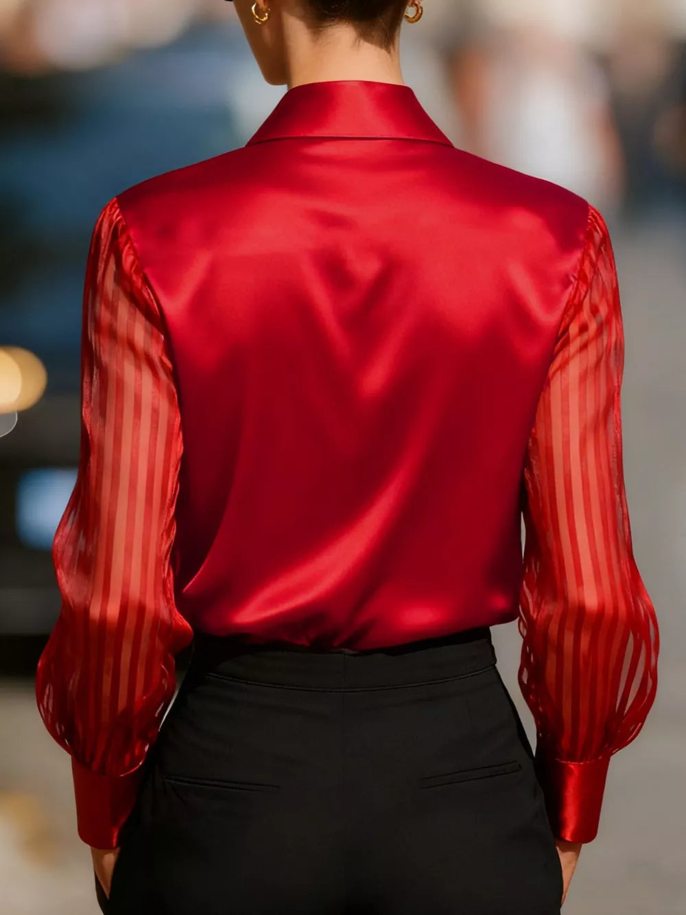 Elegant Shirt With Sheer Striped Sleeves in Scarlet, model styling view