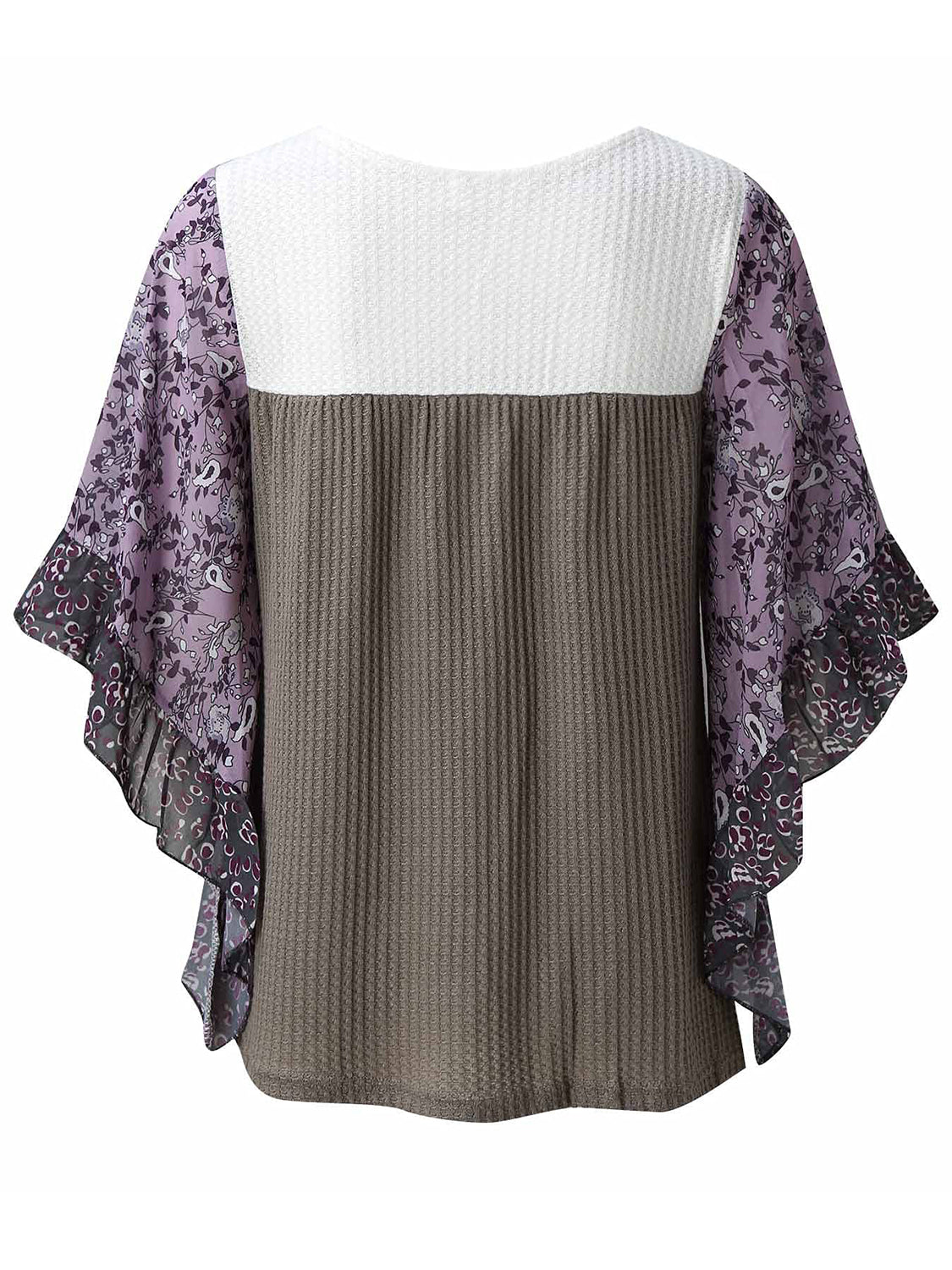 Textured panel blouse with flutter sleeves in dusty blue floral print and gray waffle knit.