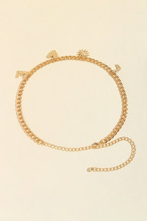 Gold alloy chain belt with celestial charms including a sun and moon