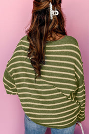 Moss green and cream striped relaxed fit knit sweater with textured stripes.