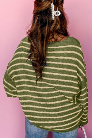 Moss green and cream striped relaxed fit knit sweater with textured stripes.