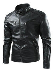 Men's black faux leather moto jacket with zip-up front and multiple zippered pockets.