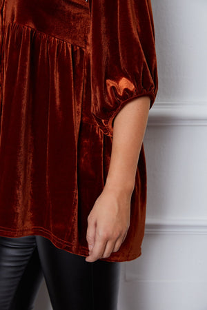 Tiered velvet button-down tunic in Chestnut with gathered sleeves and button detail.