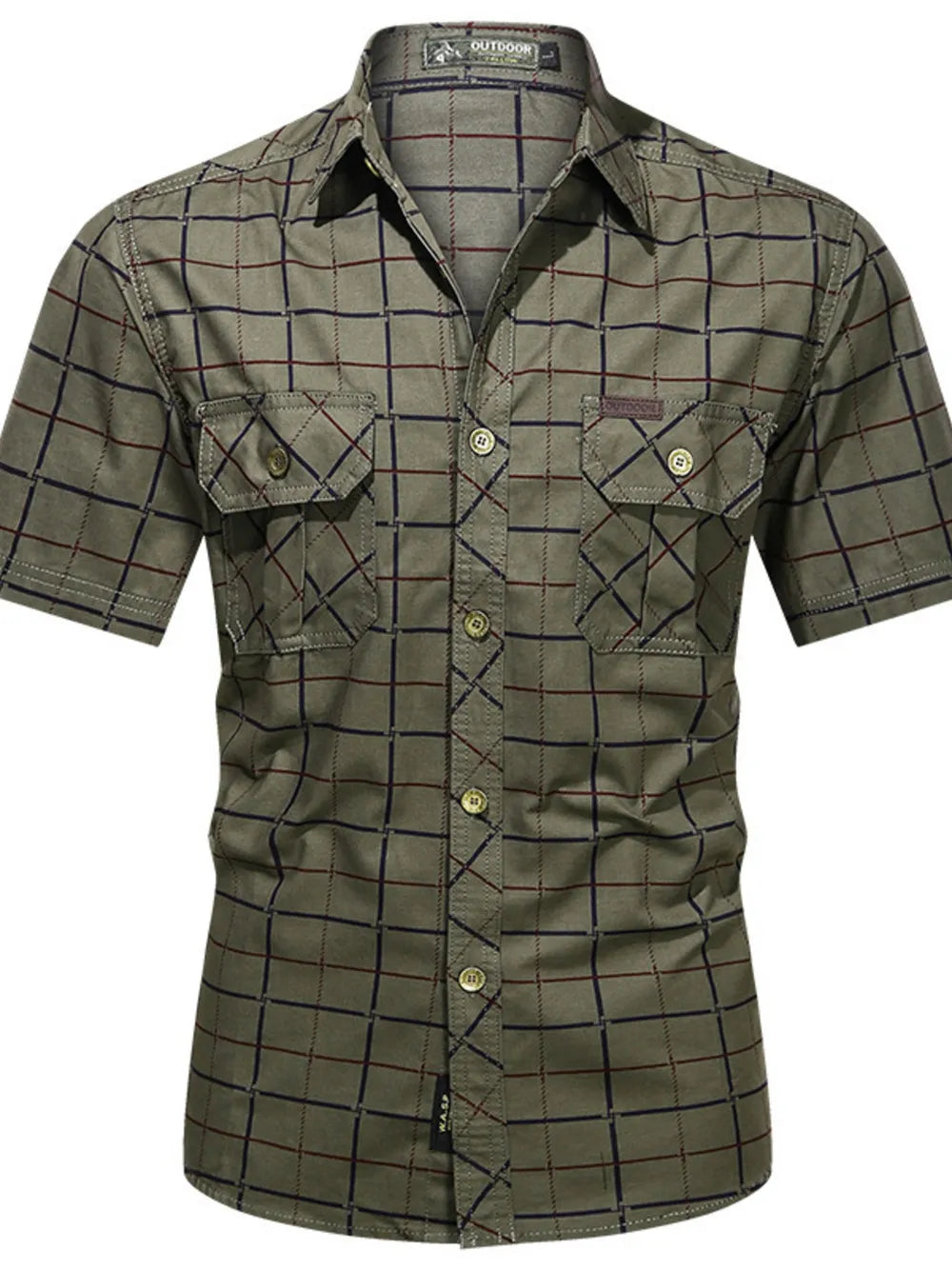 Men's Plus Size Casual Plaid Short-sleeve Shirt in Army Green, model styling view