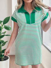 Green and white striped polo collar dress with short sleeves and a zippered neckline.