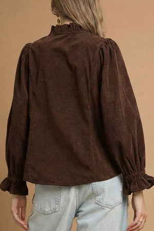 Solid Color Ruffle Trim V Neck Corduroy Jacket, side view