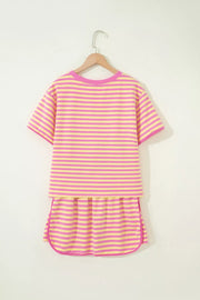 Pink and yellow striped cotton two-piece set with drawstring shorts and a crewneck tee.