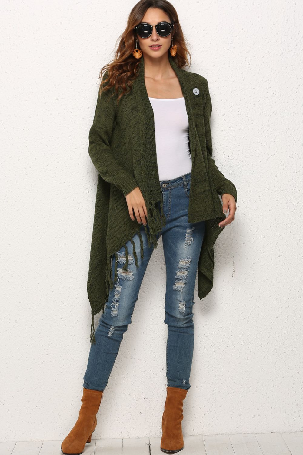 Olive asymmetric fringe knit cardigan with button detail and open front.