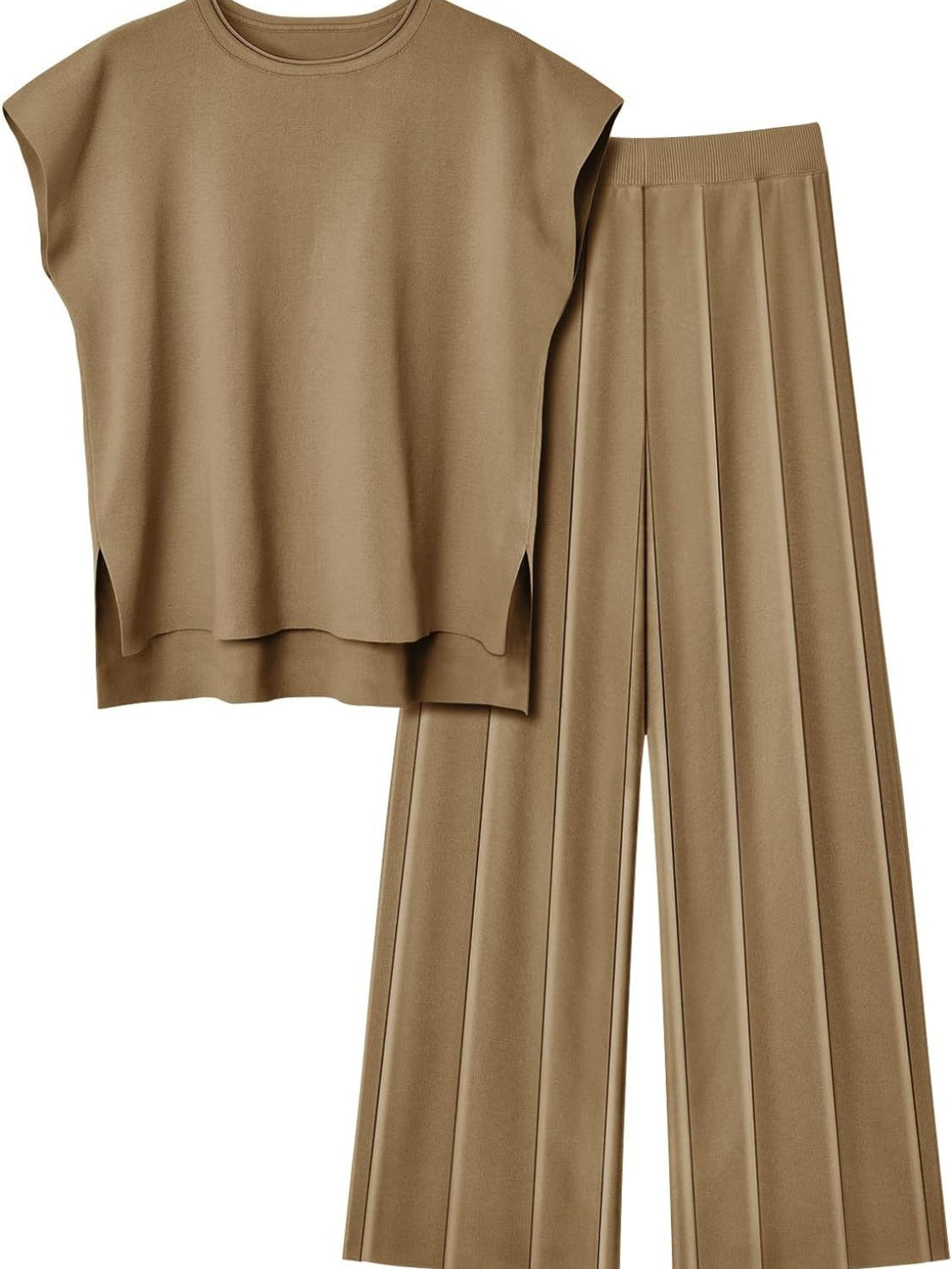 Camel knit co-ord with seamed wide-leg pants and a short-sleeve top with side slits.