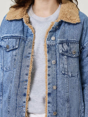 Light acid wash denim trucker jacket with sherpa collar and lining.