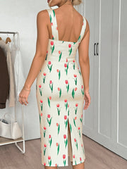 Tulip print midi dress with square neckline and slit, cream fabric.