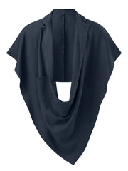 Navy draped blazer cape with asymmetrical cut and single pocket detail