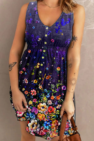 Ombre button-down dress with elastic waist and vibrant floral print.