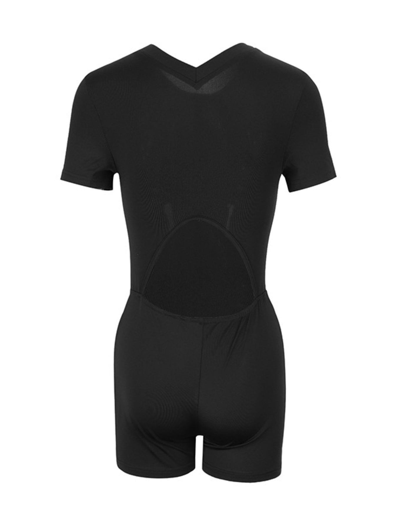 Black short-sleeve romper with V-neck and cutout back detail.