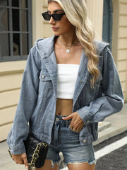 Blue hooded denim trucker jacket with chest pockets and button-up front