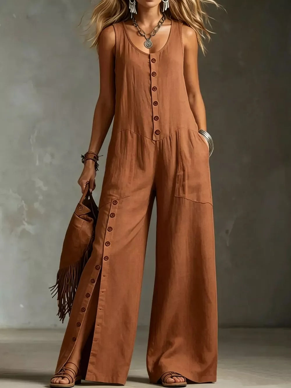 Caramel wide-leg jumpsuit with button front and side leg buttons.