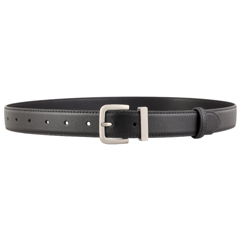 Black cowhide leather belt with minimalist silver buckle and stitched detailing.