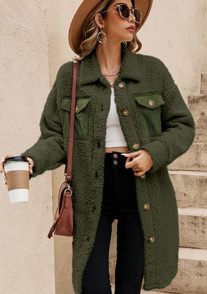 Army green sherpa coat with corduroy patch pockets and button front.