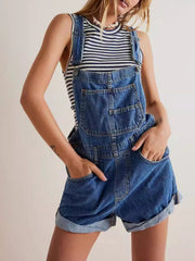 Medium wash denim overalls with cuffed shorts and a bib pocket.