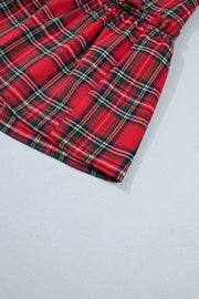 Plaid Knot Neck Short Sleeve Mini Dress in Burgundy, product detail