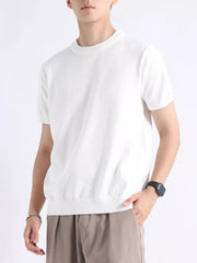 White knitted men's t-shirt with crew neck and short sleeves