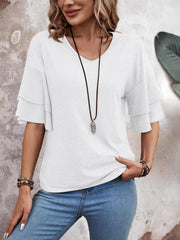 White jersey tee with v-neck and tiered short sleeves