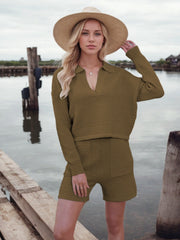 Textured knit polo sweater and shorts set in olive green.
