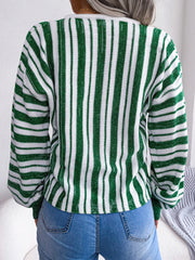 Green and white striped knit cropped pullover sweater with balloon sleeves.