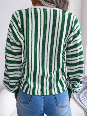 Green and white striped knit cropped pullover sweater with balloon sleeves.