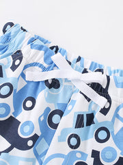 Toddler shorts with blue car print and white drawstring detail