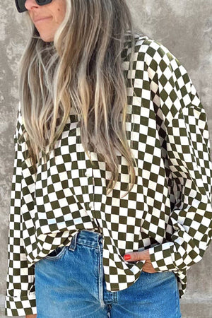Olive checkered button-down shirt with a relaxed fit, styled with denim.