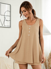 Khaki ribbed henley tank with button detail and matching drawstring shorts.