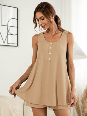 Khaki ribbed henley tank with button detail and matching drawstring shorts.