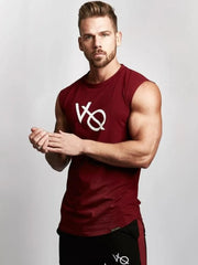 Burgundy graphic muscle tank top with white logo, sleeveless, crew neck.