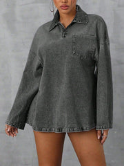 Oversized dark denim polo shirt with a quarter zip and chest pocket.