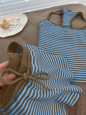 Blue and brown striped tank top and shorts set with drawstring detail.