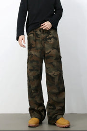 Cargo Camo Wide-Leg Utility Trousers in green camouflage with multiple pockets.