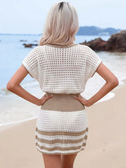 Openwork V-neck crochet cover-up dress with short sleeves, striped knit detail, and a relaxed fit.