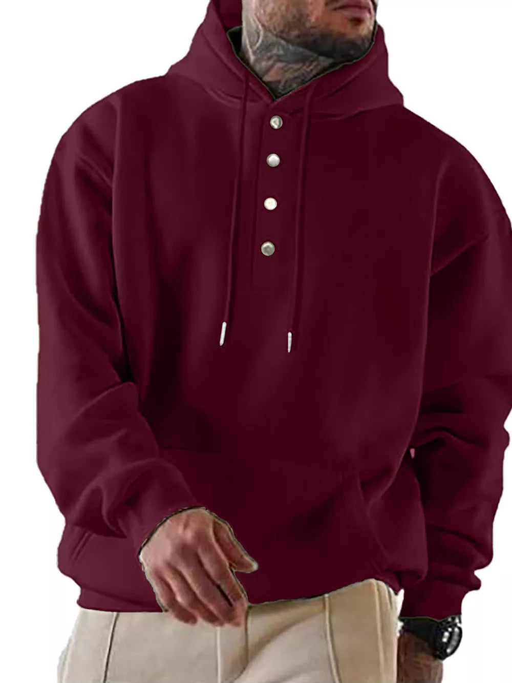 Burgundy cotton buttoned hoodie with kangaroo pocket and drawstring hood.
