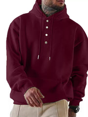 Burgundy cotton buttoned hoodie with kangaroo pocket and drawstring hood.