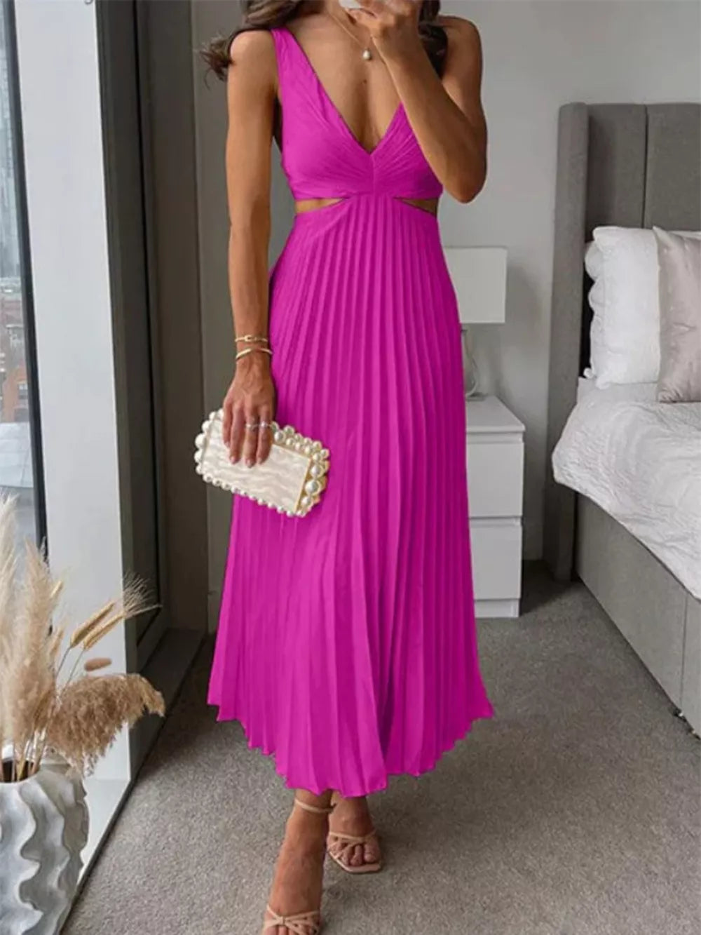 Elegant Pleated Midi Dress With Cut-outs in Red, fabric detail