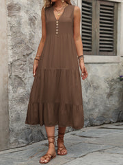 Brown tiered midi sundress with V-neck and button detail