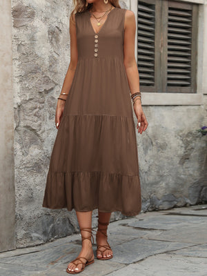 Brown tiered midi sundress with V-neck and button detail